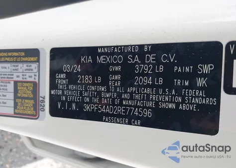 2024 Kia Forte Gt-Line z USA, uszkodzony, nr VIN 3KPF54AD2RE774596